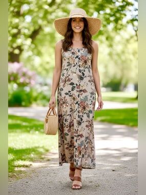 Emery Rose Floral Linen-Blend Maxi Dress in Beige/Tan Size M